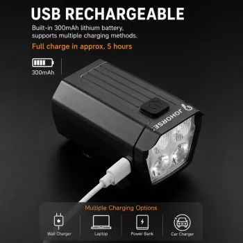 iLike JOHORSE USB Rechargeable Bike Headlight with 120dB Electric Horn, 300LM 4 LED Bicycle Front Light, 7 Lighting Modes, Handlebar Remote Switch, IPX4 Waterproof Black