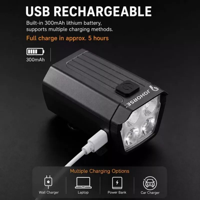 iLike JOHORSE USB Rechargeable Bike Headlight with 120dB Electric Horn, 300LM 4 LED Bicycle Front Light, 7 Lighting Modes, Handlebar Remote Switch, IPX4 Waterproof Black