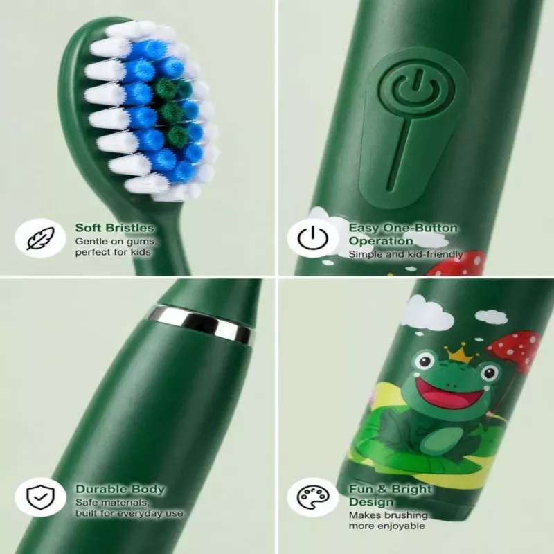 iLike Kids Sonic Electric Toothbrush, Waterproof, 5 Brush Heads (1+4 Replacement Heads), Battery Powered, Soft Bristles, Green Frog Design, Green