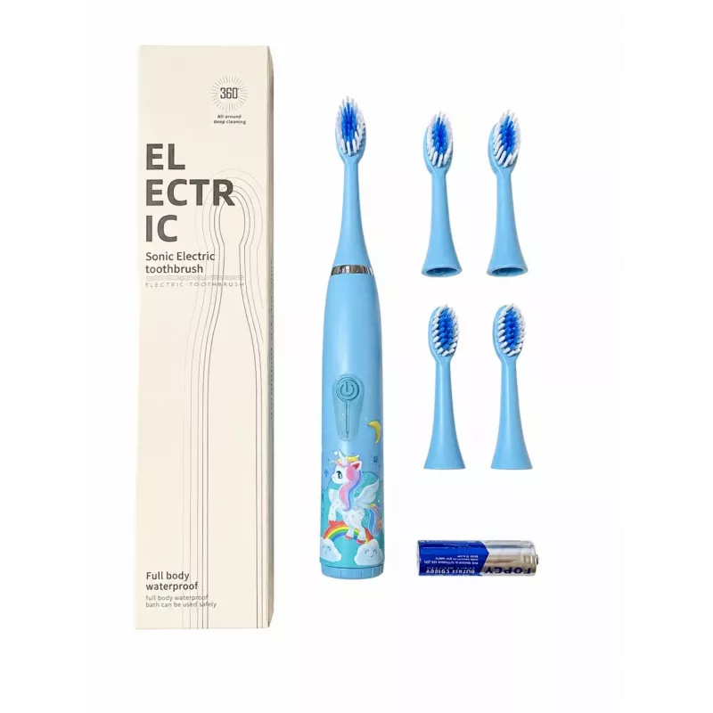 iLike Kids Sonic Electric Toothbrush, Waterproof, 5 Brush Heads (1+4 Replacement Heads), Battery Powered, Soft Bristles, Unicorn Design, Blue