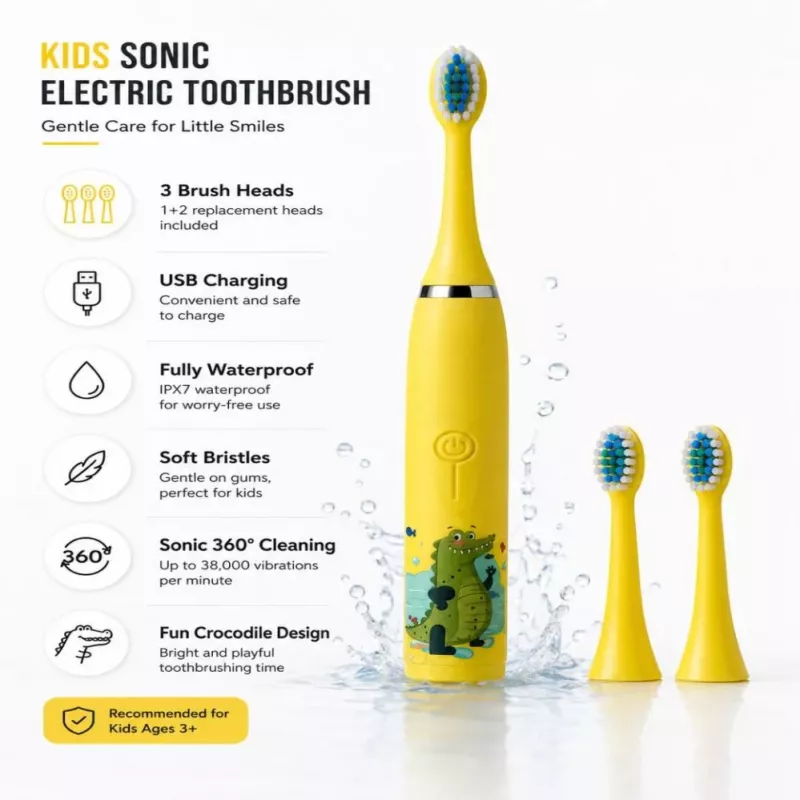 iLike Kids Rechargeable Sonic Electric Toothbrush, USB Charging, 3 Brush Heads (1+2 Replacement Heads), Soft Bristles, Waterproof, Yellow Crocodile Design