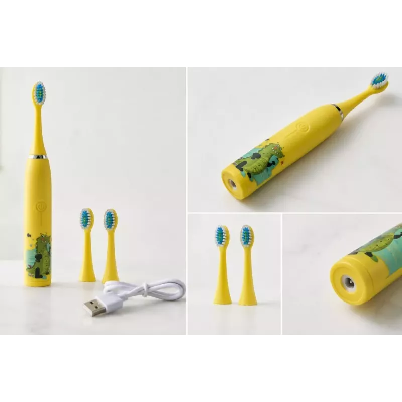 iLike Kids Rechargeable Sonic Electric Toothbrush, USB Charging, 3 Brush Heads (1+2 Replacement Heads), Soft Bristles, Waterproof, Yellow Crocodile Design