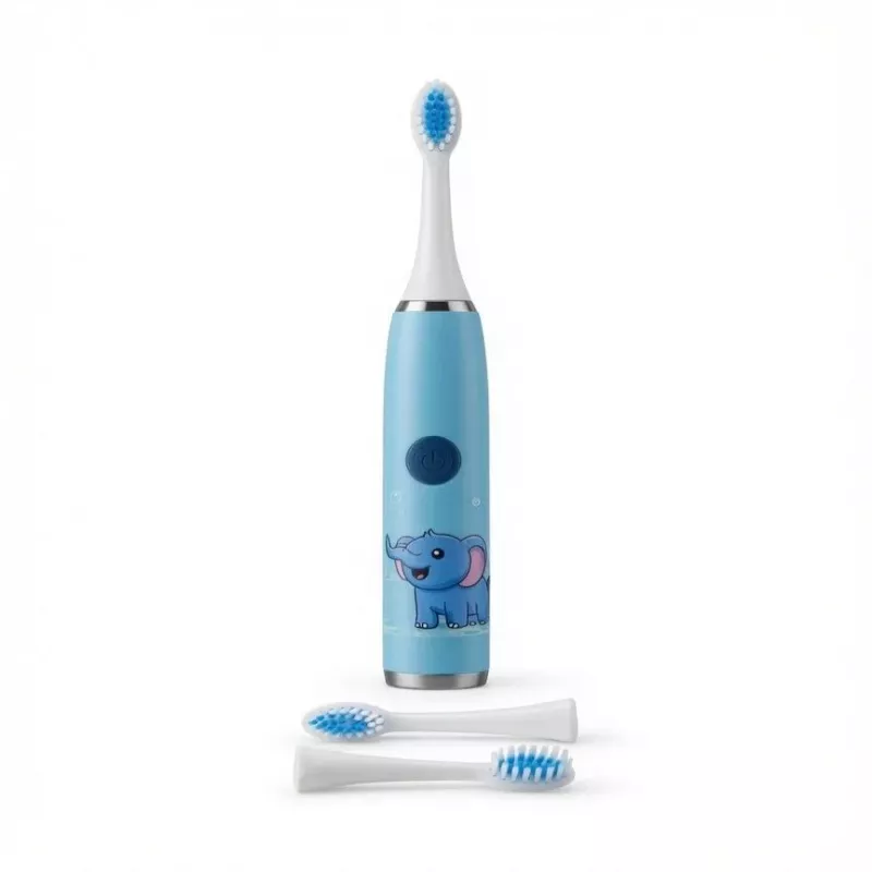 iLike Kids Rechargeable Sonic Electric Toothbrush, USB Charging, 3 Brush Heads (1+2 Replacement Heads), Soft Bristles, Waterproof, Blue Elephant Design Blue