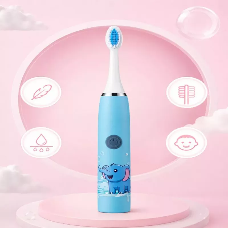 iLike Kids Rechargeable Sonic Electric Toothbrush, USB Charging, 3 Brush Heads (1+2 Replacement Heads), Soft Bristles, Waterproof, Blue Elephant Design Blue