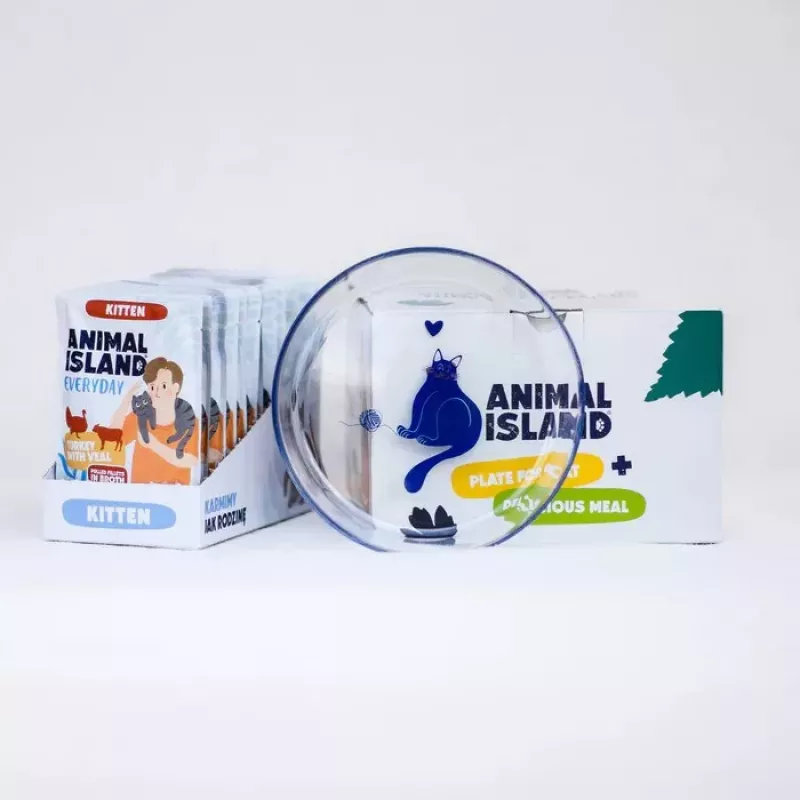 ANIMAL ISLAND Kitten Turkey & Veal Wet Cat Food 12x85g + Plate