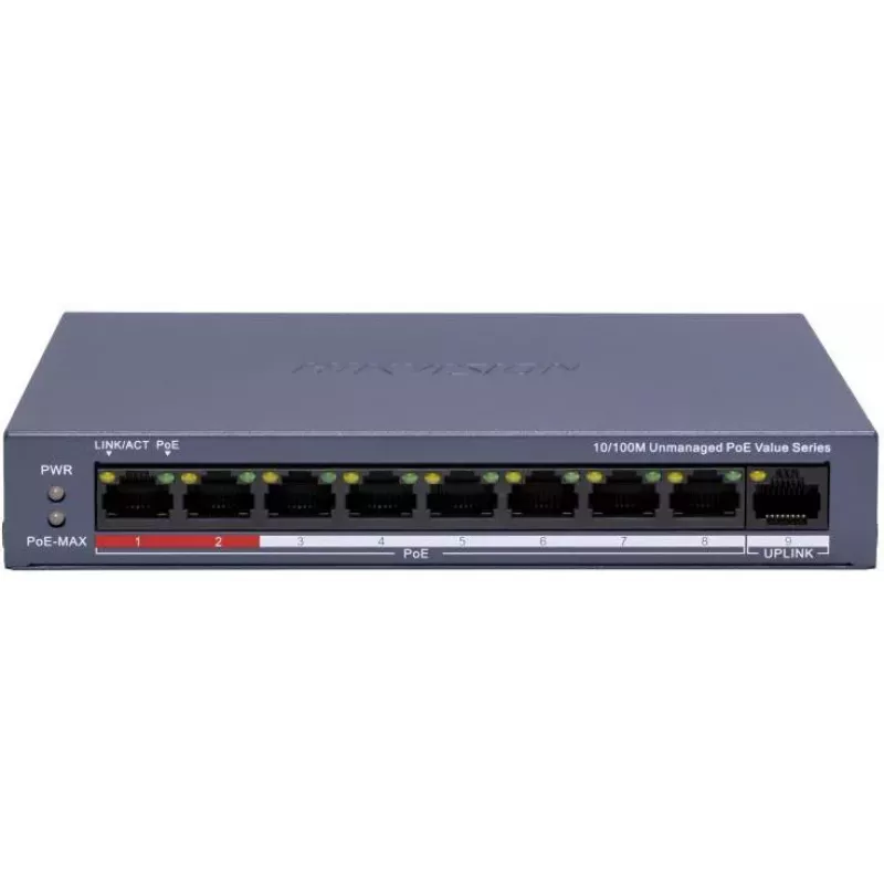 Hikvision DS-3E0109P-E/M(C) 9-Port Fast Ethernet PoE Switch, 8 PoE Ports, 65W Budget, Unmanaged