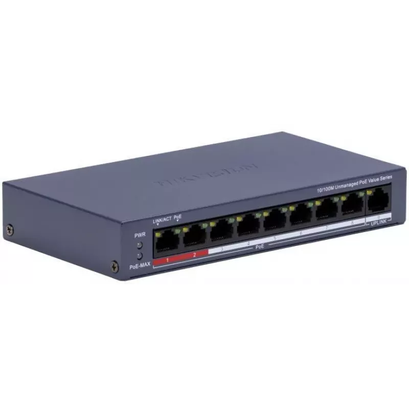 Hikvision DS-3E0109P-E/M(C) 9-Port Fast Ethernet PoE Switch, 8 PoE Ports, 65W Budget, Unmanaged