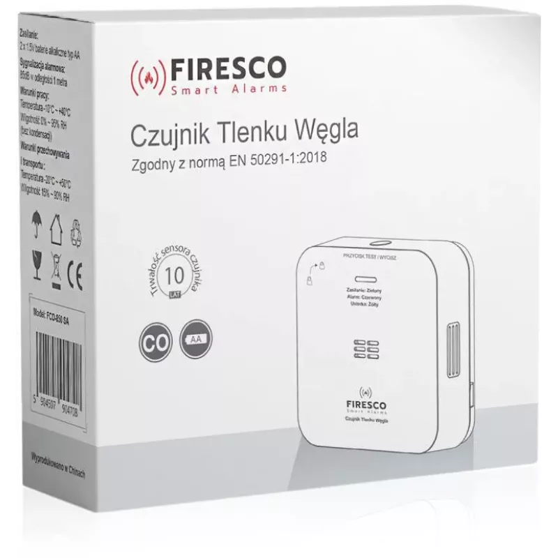 FIRESCO FCO-850 SA Carbon Monoxide Sensor with LCD Display, 10-Year Lifespan
