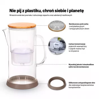 Lauben Glass Water Filter Jug 32GW, 3.2L, Borosilicate Glass, BPA-Free, Electronic Filter Life Indicator, Transparent/Black