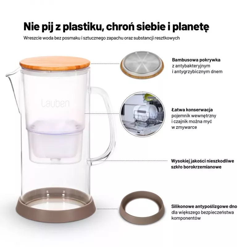 Lauben Glass Water Filter Jug 32GW, 3.2L, Borosilicate Glass, BPA-Free, Electronic Filter Life Indicator, Transparent/Black