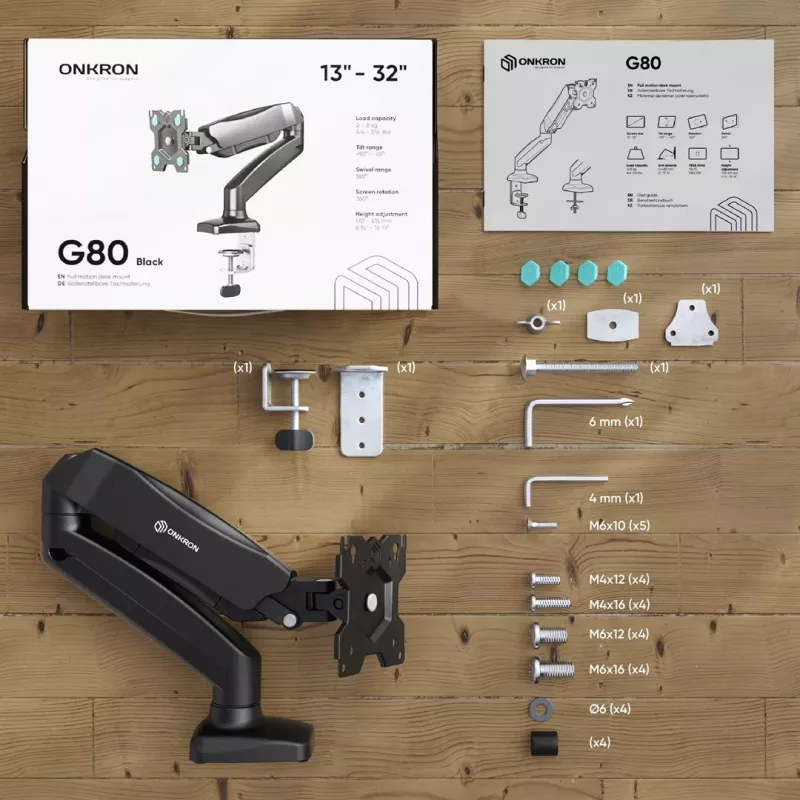 ONKRON G80-B Desk Mount Monitor Arm for 13-32 inch Screens, 8 kg Capacity, Black