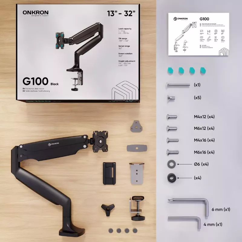 ONKRON G100-B Single Monitor Desk Mount for 13-32 inch Screens, Black