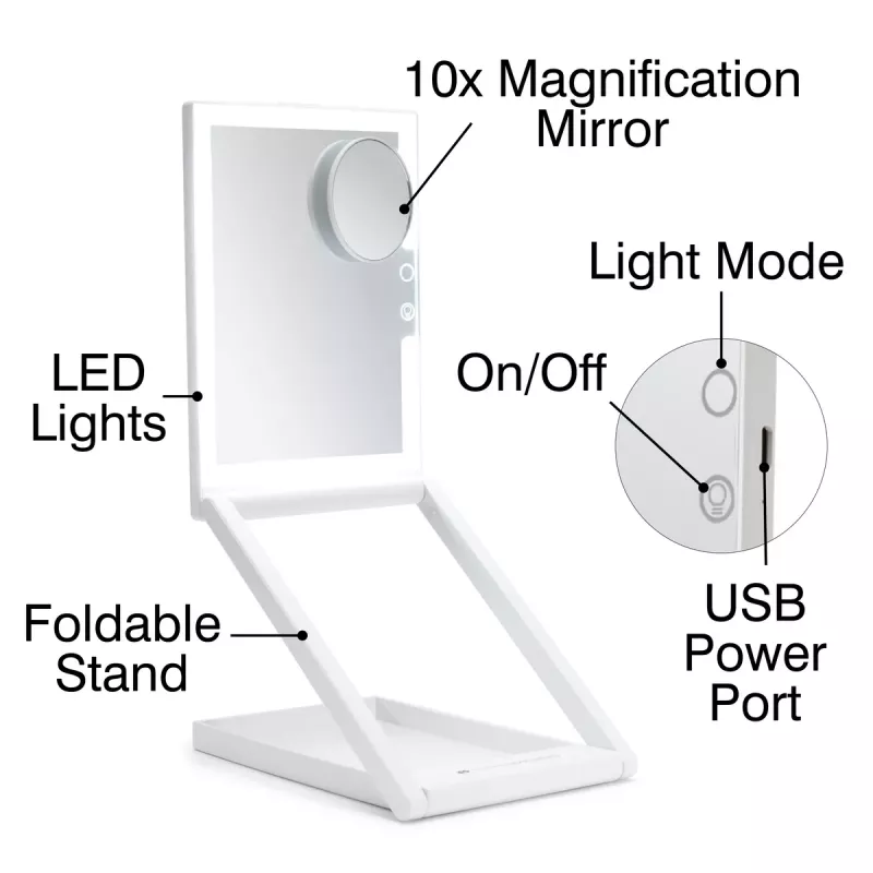 RIO MMAW-EU/1,0 Home and Away Dressing Table Make Up Mirror - Dual Sided LED Illuminated, 1x/5x Magnification, Foldable, White