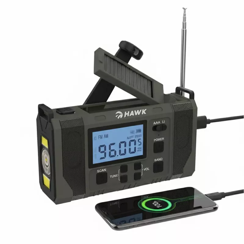 Hawk HWRDI420GN Emergency Weather Radio with Solar, Dynamo, Flashlight, AM/FM/SW, Green