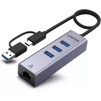 UNITEK USB-C Hub 4-in-1 Ethernet 3 x USB-A 5 Gbps with USB-A Adapter