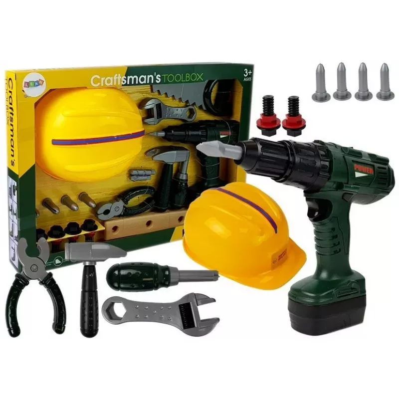 LEAN TOYS Tool Set Battery Drill Hammer Helmet 25-Piece Pretend Play Construction Set