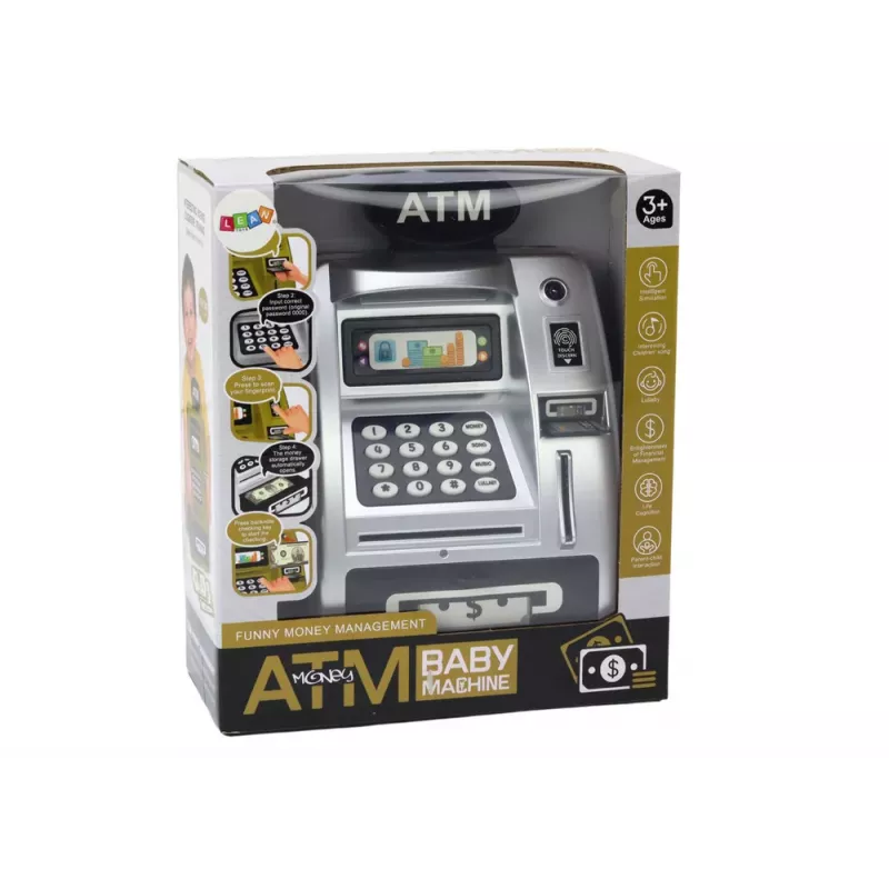 LEAN TOYS ATM Piggy Bank For Children Learning To Save Silver Black