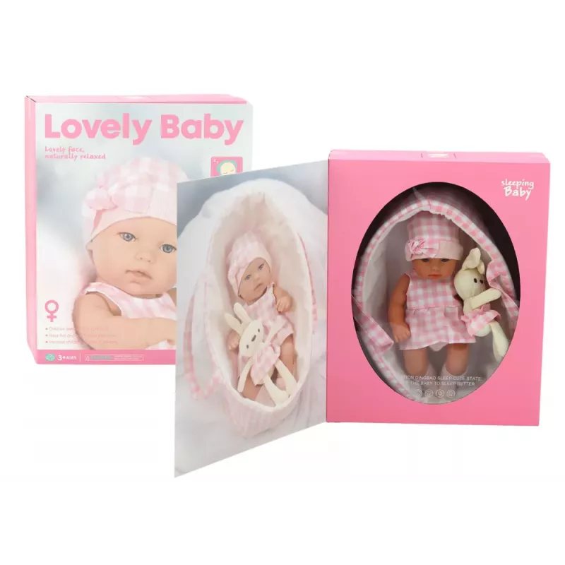 LEAN TOYS Baby Doll in a Bunny Carrier in a Pink Checkered Outfit