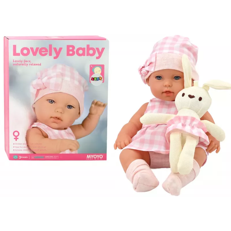 LEAN TOYS Baby Doll in a Bunny Carrier in a Pink Checkered Outfit