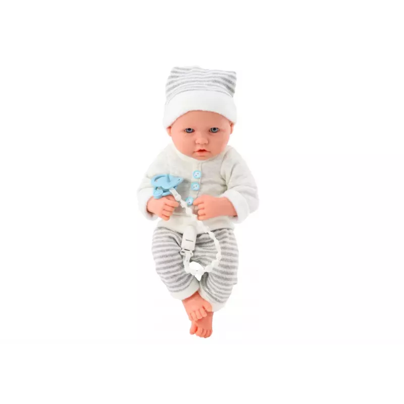 LEAN TOYS Baby Doll in White and Gray Striped Clothes, Hat, Pacifier, Quilt