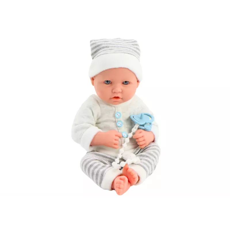 LEAN TOYS Baby Doll in White and Gray Striped Clothes, Hat, Pacifier, Quilt