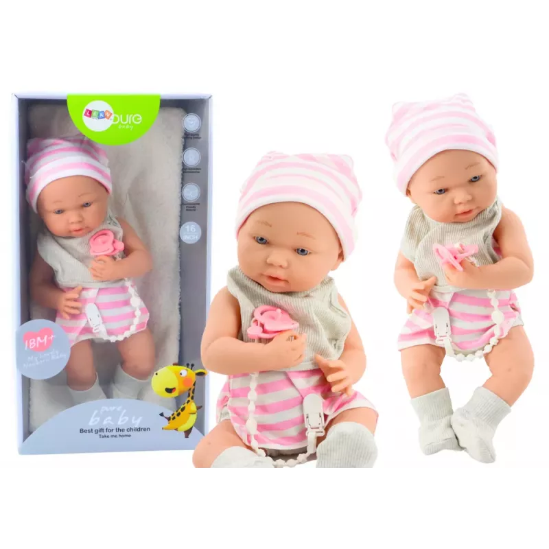 LEAN TOYS Baby Doll in White and Pink Clothes, Hat, Pacifier, Bib, Quilt