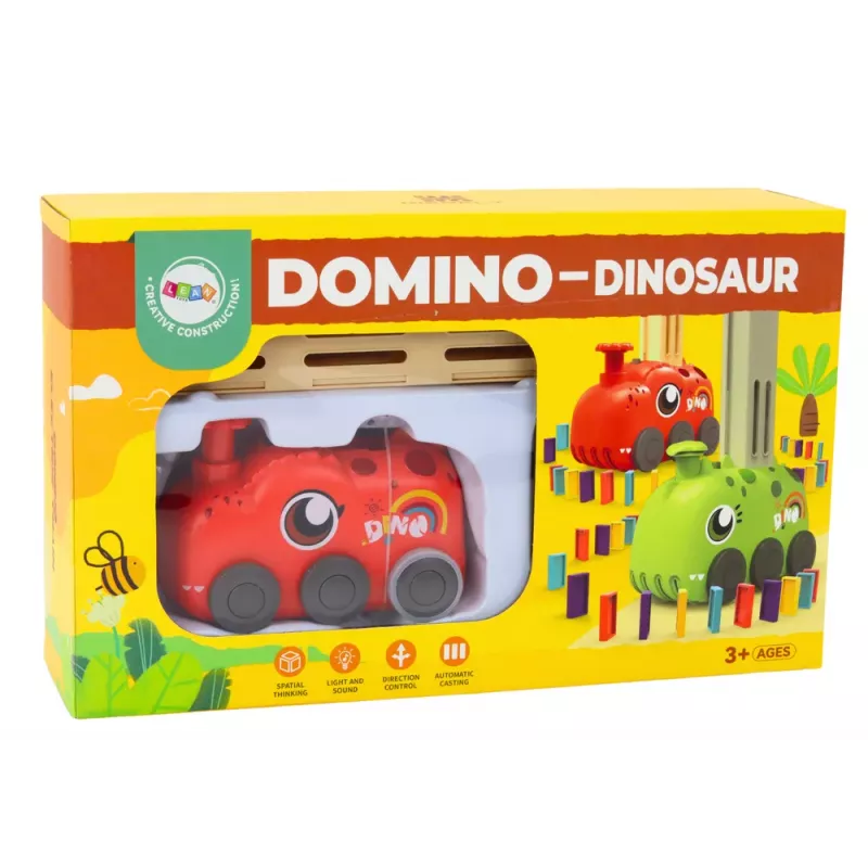 LEAN TOYS Red Dinosaur Battery Operated Car Arranging Colorful Dominoes 4 Colors of Blocks