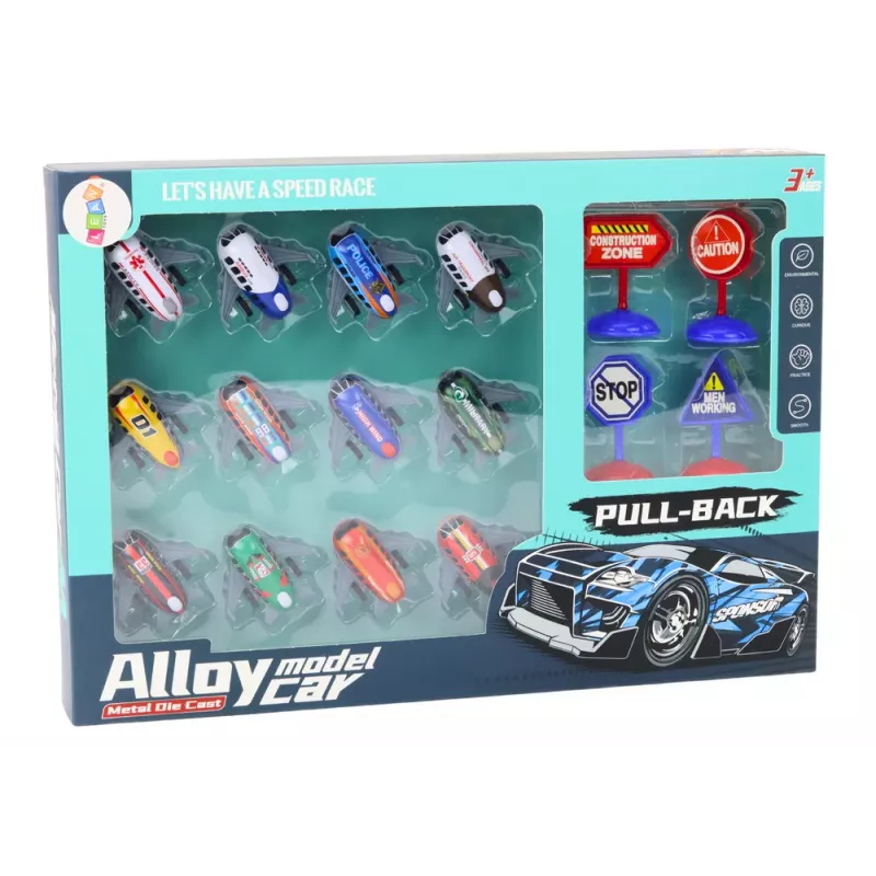 LEAN TOYS Set of 12 Toy Cars, Powered Planes, 5cm Road Signs