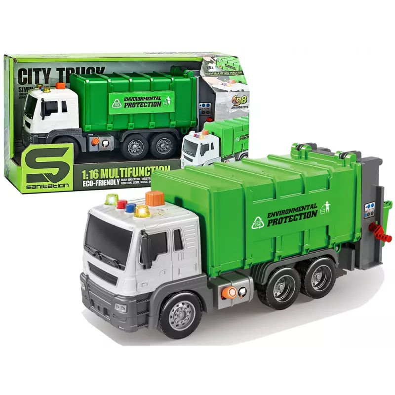 LEAN TOYS Garbage Truck Friction Drive Sound Effects Green 1:16 Sorting