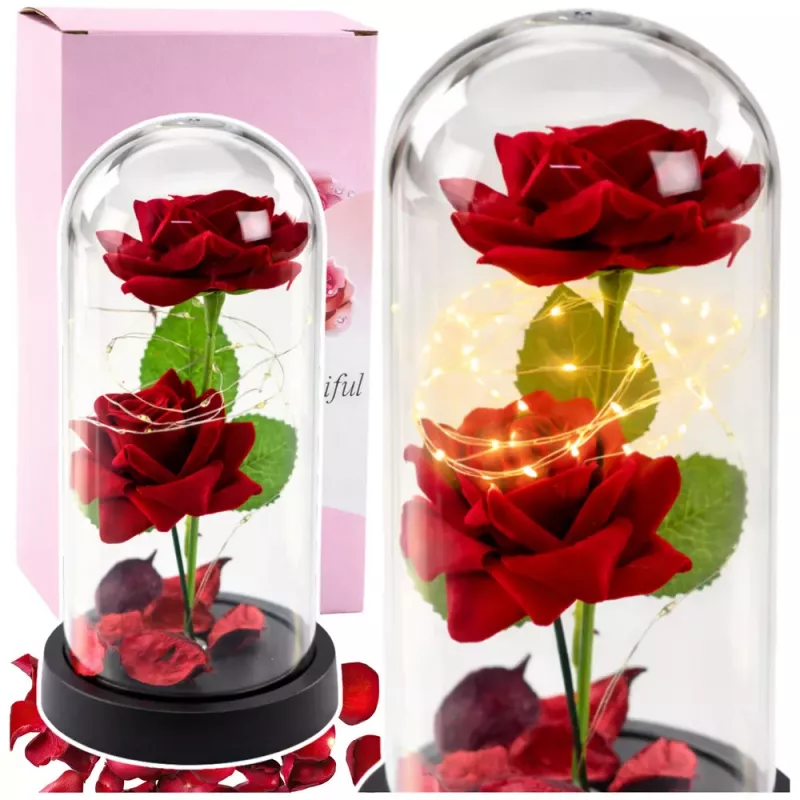 LEAN Eternal 2 Roses in Dome with LED Lighting and Rose Petals Red 21x11cm