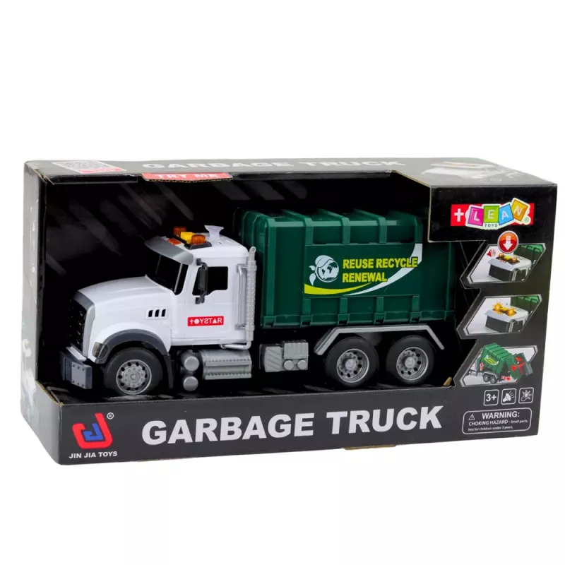 LEAN TOYS Garbage Truck with Garbage Bins, Lights and Sounds, Green, 1:14 Scale