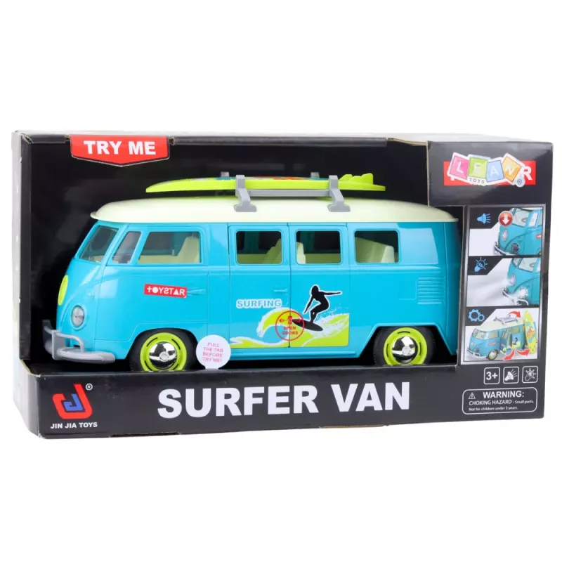 LEAN TOYS Car Surfer Van Bus with Surfboard, Lights and Sounds, Turquoise