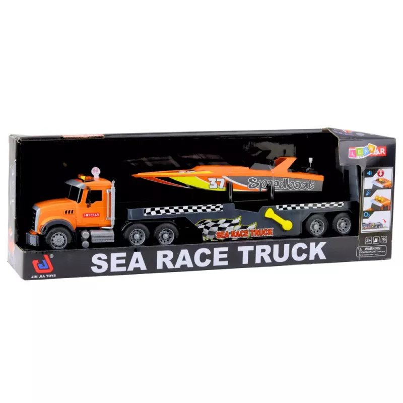 LEAN TOYS Truck with Wind-Up Motorboat Lights and Sounds Orange Set