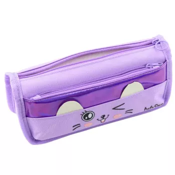 LEAN School Pencil Case Two Pockets Cat Motif Purple 22cm
