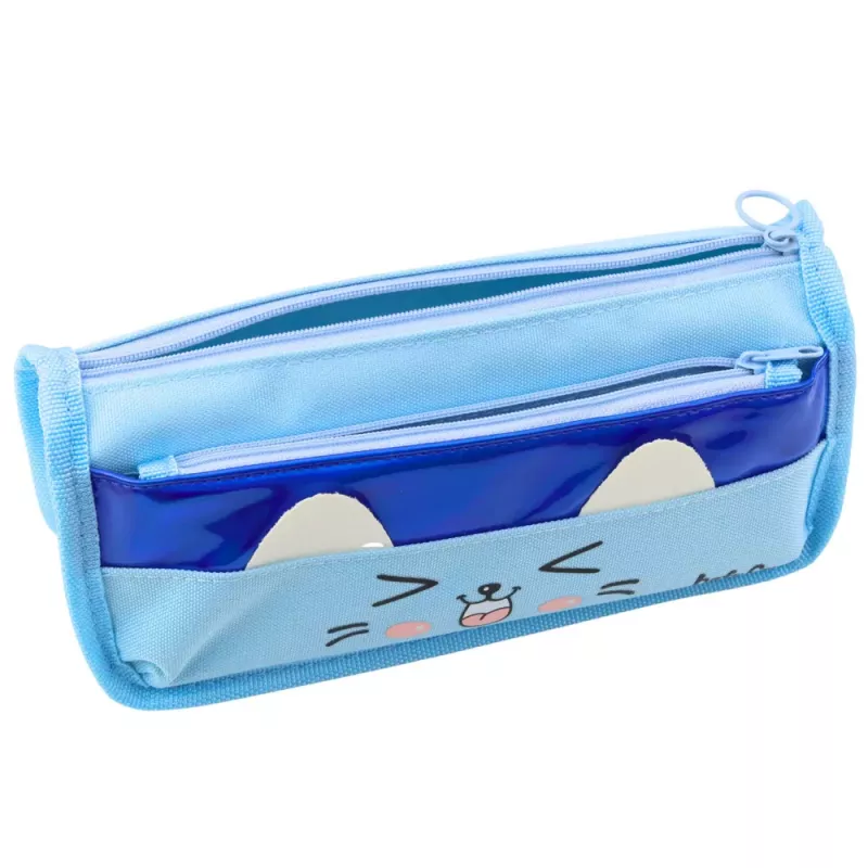 LEAN TOYS School Pencil Case Two Pockets Cat Motif Blue 22cm