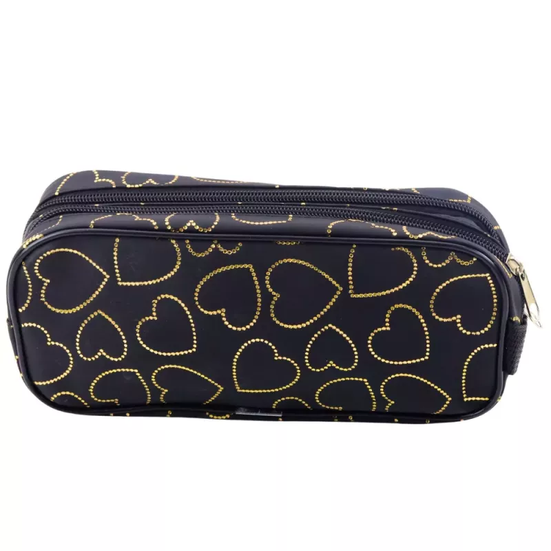 LEAN School Office Pencil Case, Two-Compartment, Golden Hearts, Black, 23.5x10 cm
