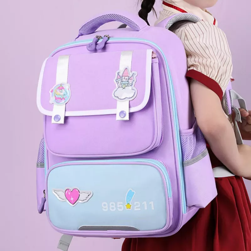 LEAN School Backpack With Patches Chest Strap Purple 16L