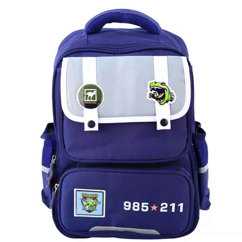 LEAN School Backpack Patches With Dinosaurs Chest Strap Navy Blue 39x27x15cm