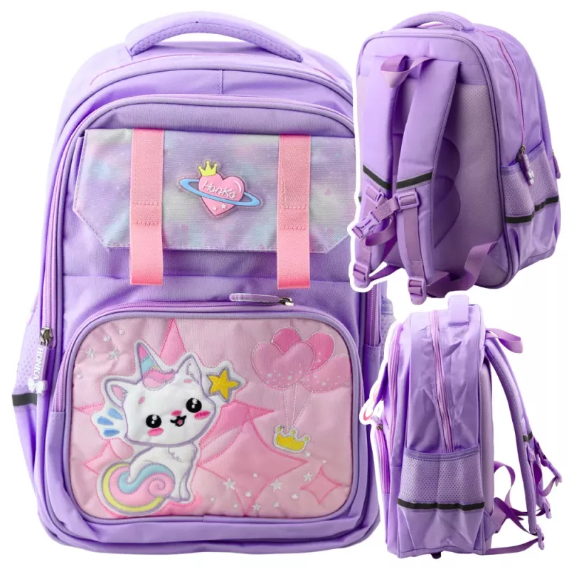 LEAN School Backpack With White Cat Chest Strap Purple 20L