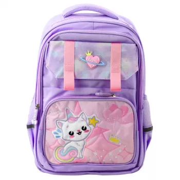 LEAN School Backpack With White Cat Chest Strap Purple 20L
