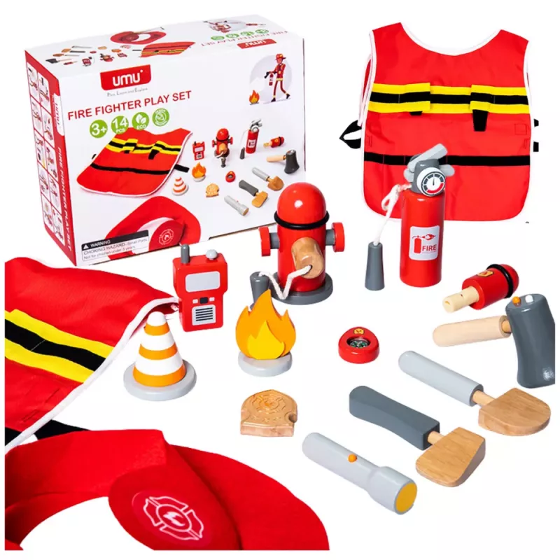 LEAN TOYS Firefighter Costume Set Firefighter Accessories Wood 14 El