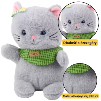 LEAN TOYS Plush Mascot Cuddly Toy Cat Gray Green Scarf Bow 22cm