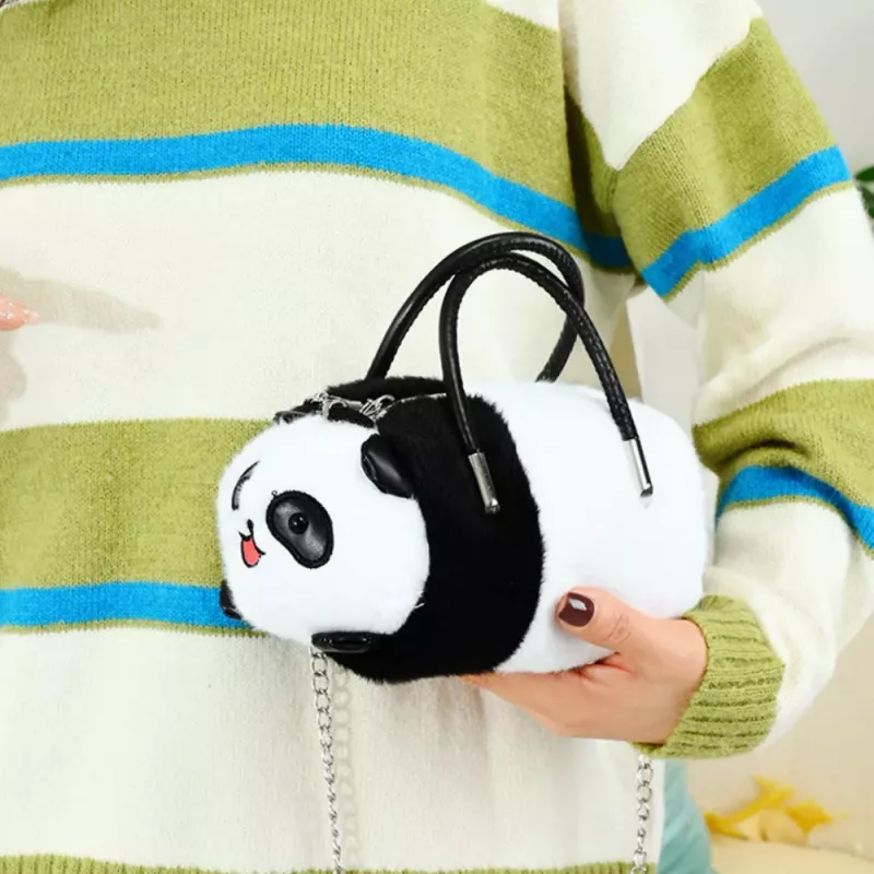 LEAN TOYS Plush Panda Bag Handles Metal Chain Black White 20cm