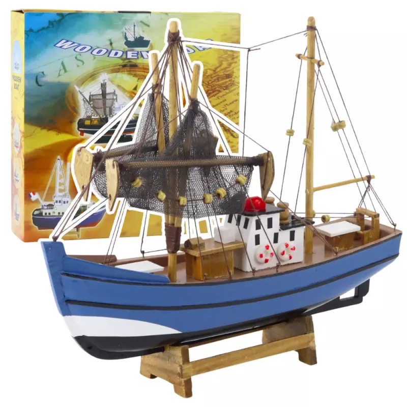 LEAN TOYS Collectible Decorative Model Fishing Boat Ship Blue 30x26cm