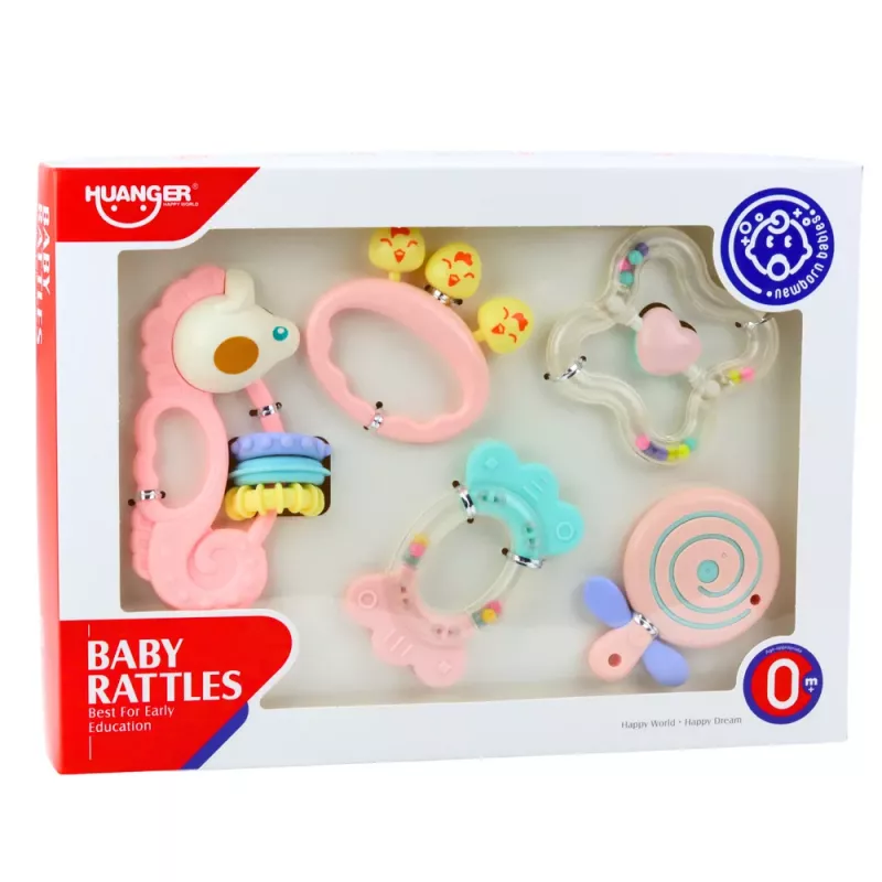 LEAN TOYS Set of Sensory Rattles Teethers for Babies Pink 5pcs