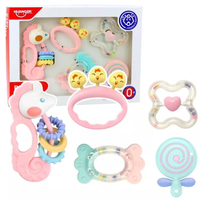 LEAN TOYS Set of Sensory Rattles Teethers for Babies Pink 5pcs