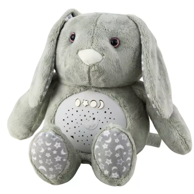 LEAN TOYS Plush Rabbit Sleeping Cuddly Toy with Projector, Sound, and Cry Sensor - Grey