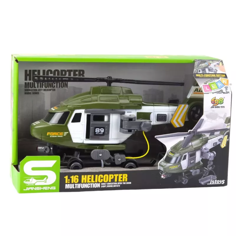LEAN TOYS Military Helicopter with Hook and Stretcher, Lights and Sounds, Khaki, 1:16 Scale