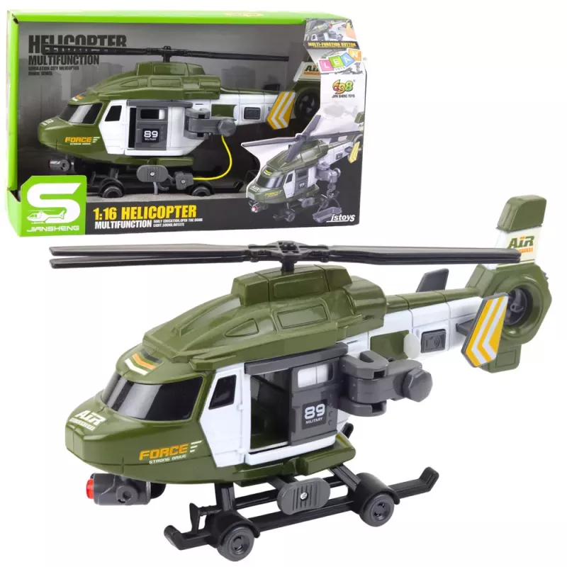 LEAN TOYS Military Helicopter with Hook and Stretcher, Lights and Sounds, Khaki, 1:16 Scale