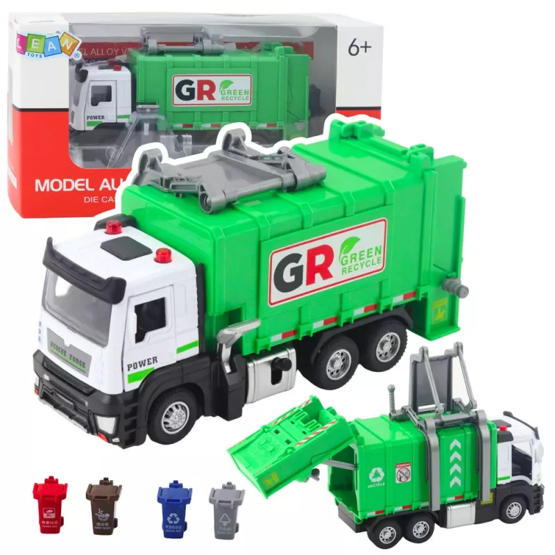 LEAN TOYS Garbage Truck with Motor 4 Garbage Bins Lights Sounds Green